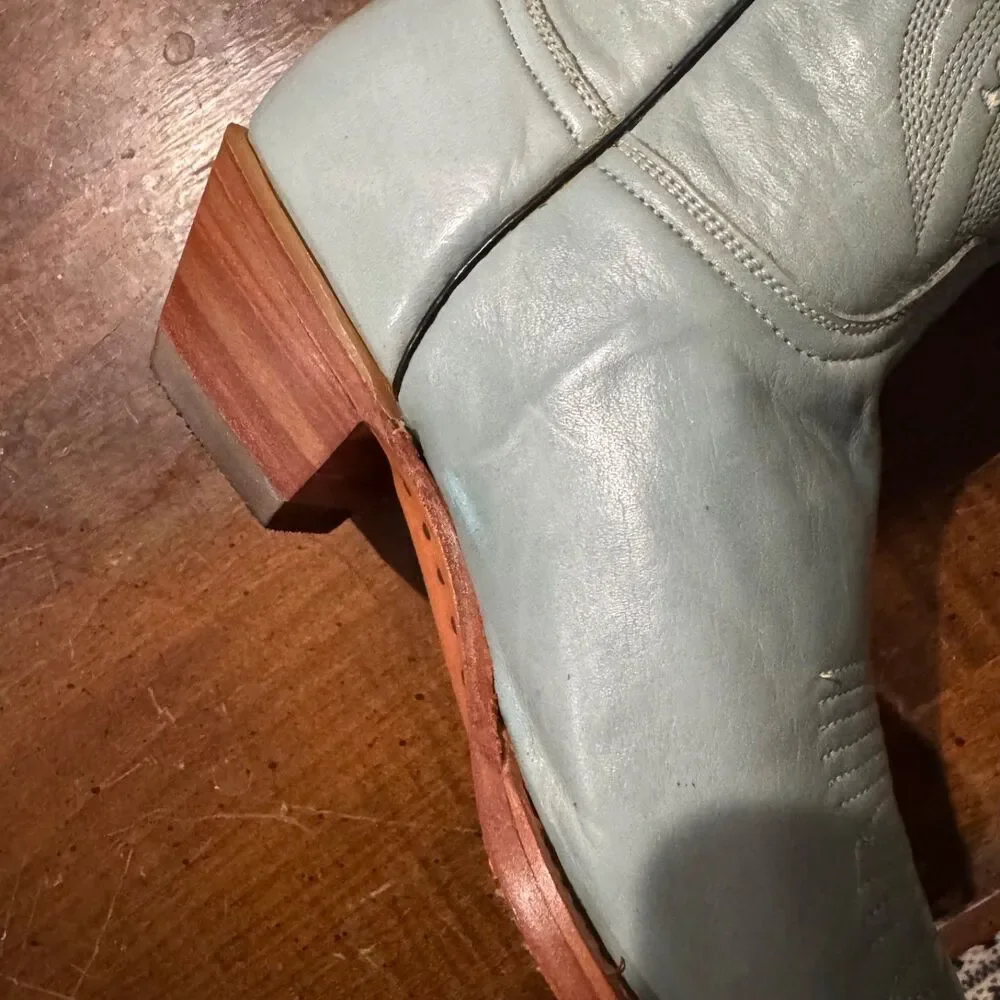 Rio Grande Leather Cowboy Girl Boots Women Sz 7 Light Blue Pointed Toe Slip-On - Picture 9 of 15